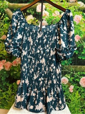 Sweet Rain Teal Floral Smocked Puff-Sleeve Top